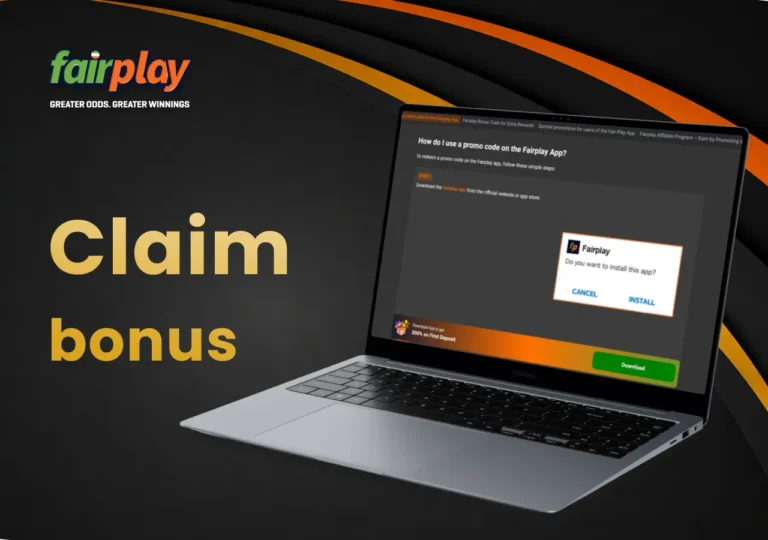 Steps for claiming a FairPlay bonus shown on a laptop screen.