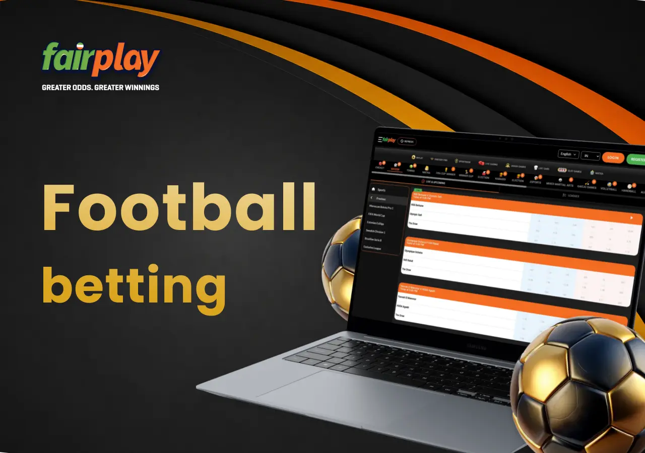 FairPlay football betting page on a laptop with a football placed beside it.