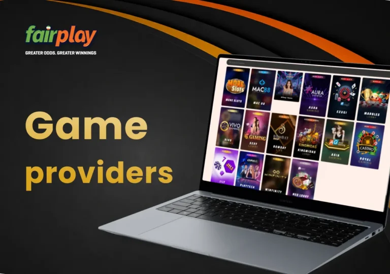 FairPlay casino game providers and software partners shown on a laptop.