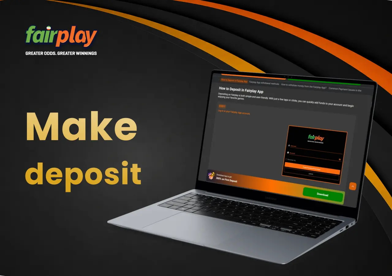 FairPlay deposit steps shown on a laptop screen for adding funds to an account.