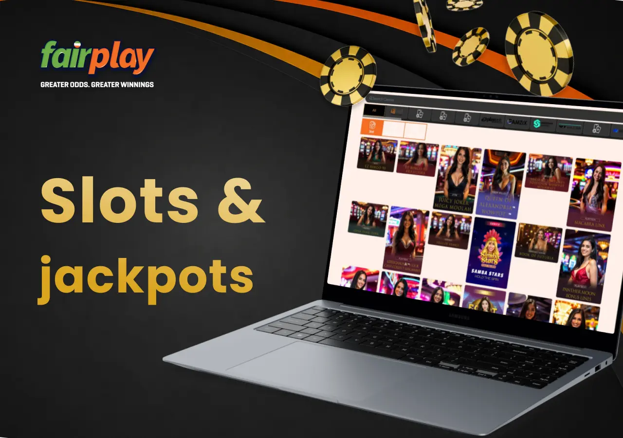 FairPlay slot games on a laptop with casino chips next to it.